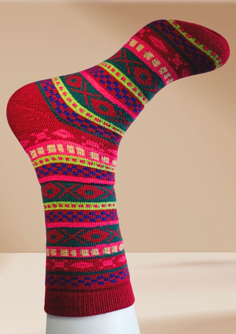 Red alpaca socks with multicolor geometric stripe bands
