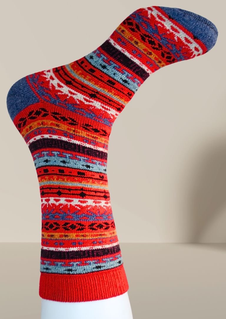 Alpaca socks in red with multicolor Fair Isle-style knit pattern