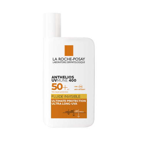 White sunscreen fluid bottle with orange label, SPF 50+ cap