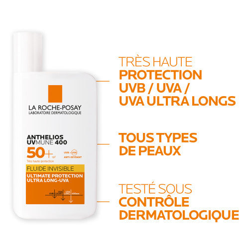 White sunscreen fluid bottle with orange label, UVB/UVA protection text