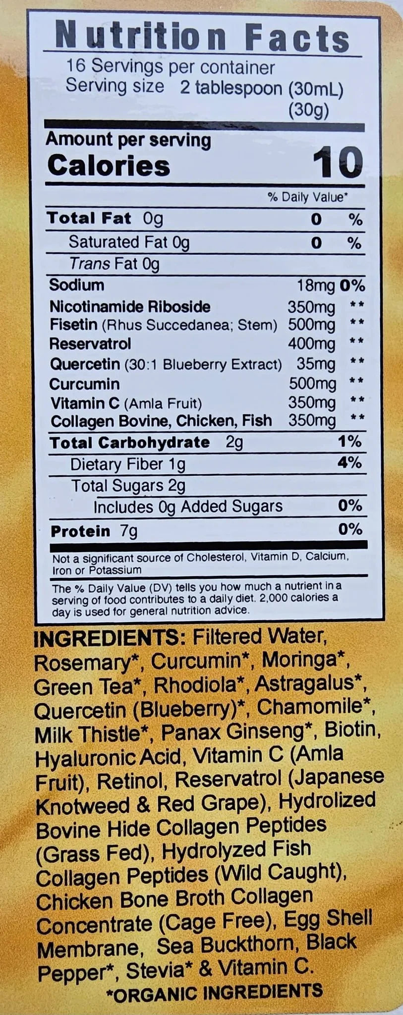 Supplement bottle nutrition facts and ingredients label, listing serving size, nutrients, and ingredients.