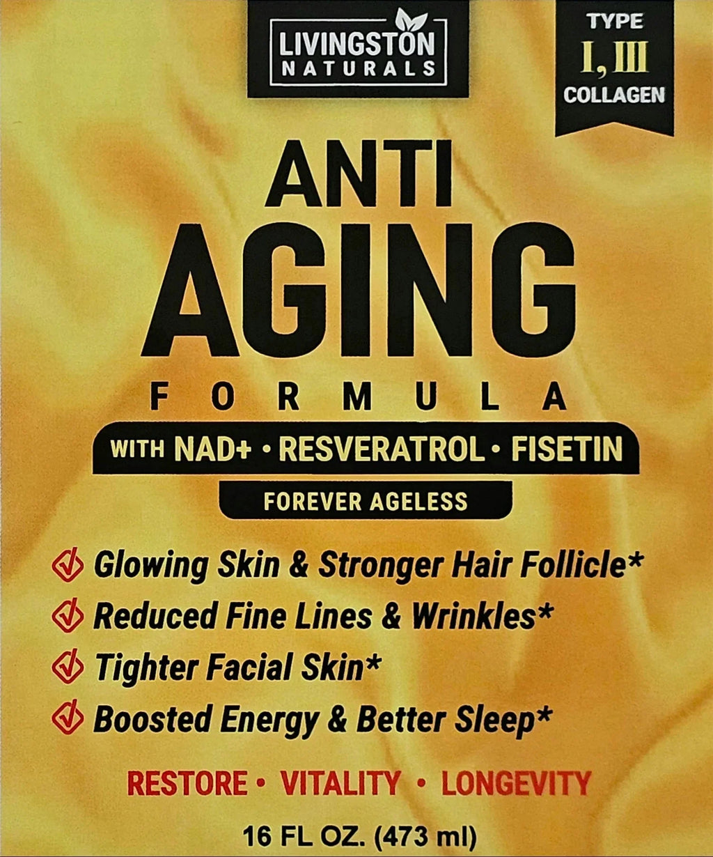 Close-up of the yellow anti-aging formula label listing NAD+, resveratrol, fisetin, and collagen.