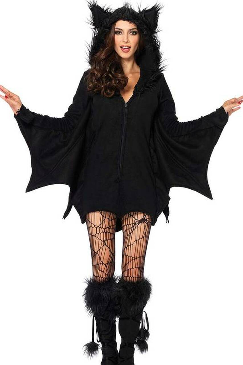 Black bat costume with hooded ears, wing sleeves, fishnet tights, and furry leg cuffs.