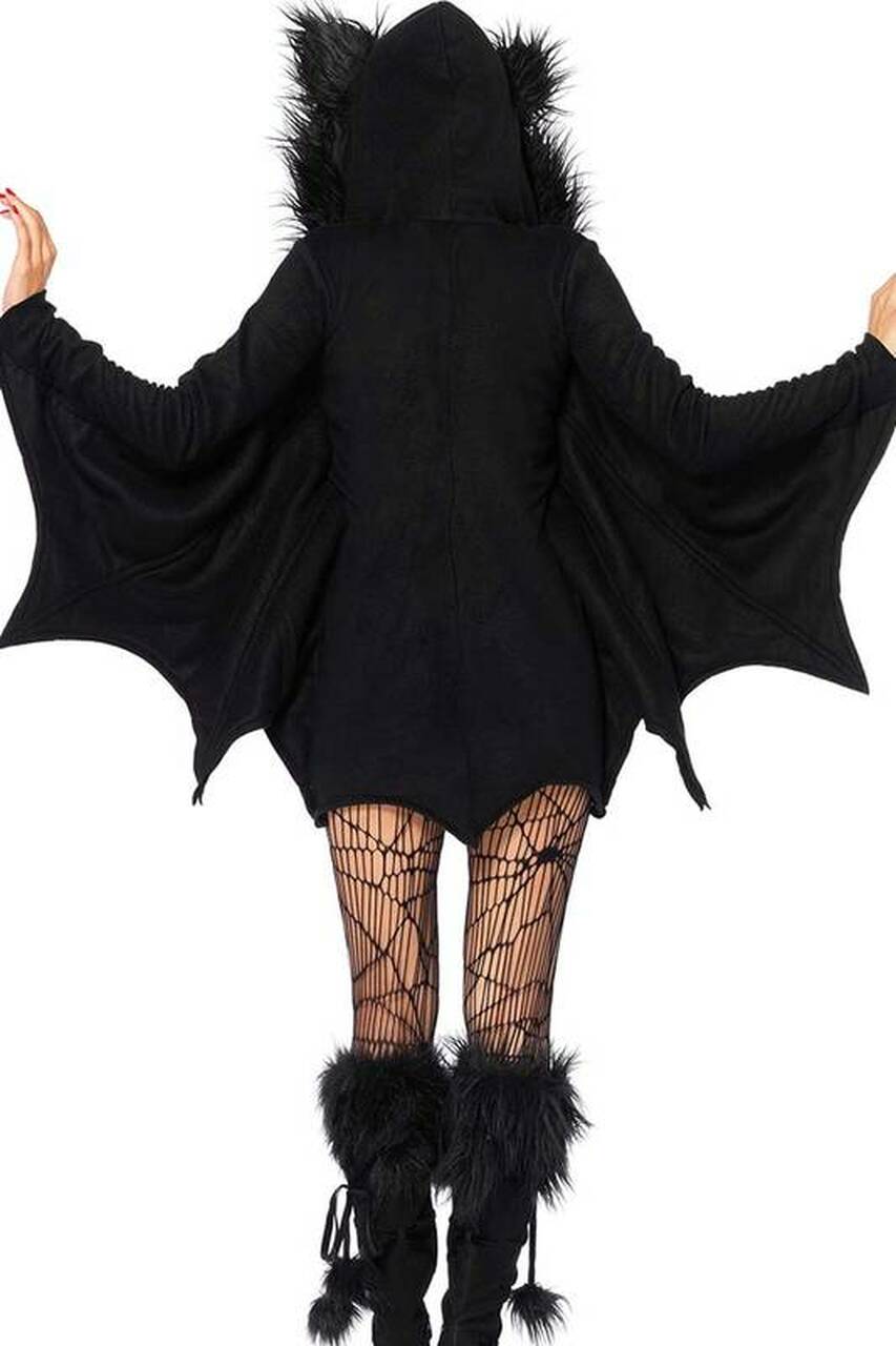 Black bat costume with hood and wing cape, back view; fishnet tights and boots visible.