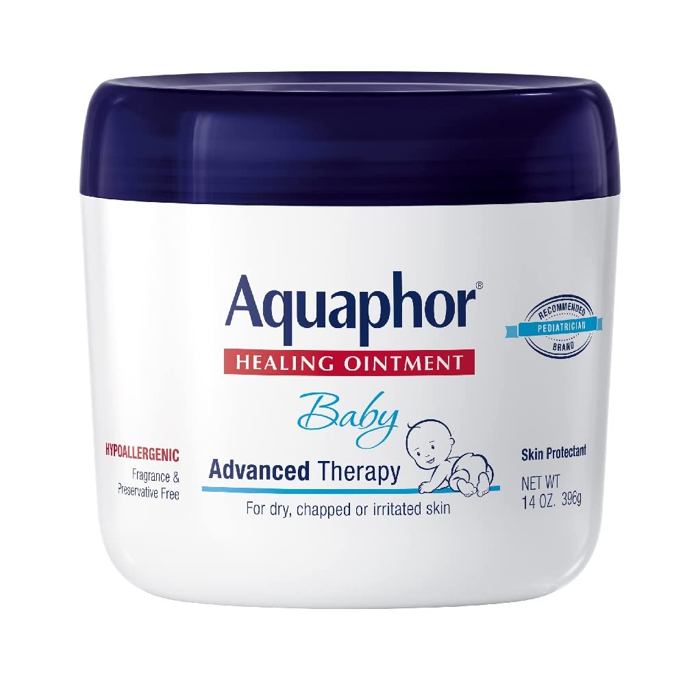Baby healing ointment jar with blue lid and white label, 14 oz