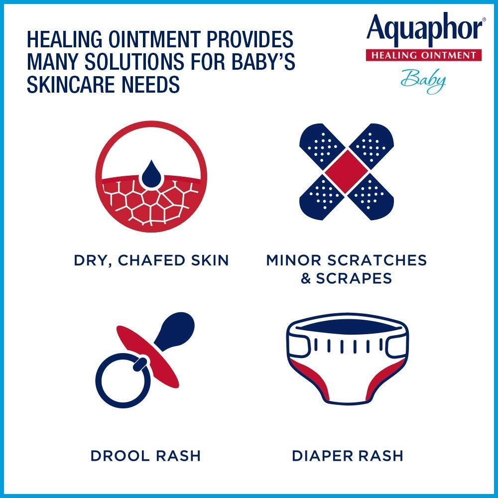 Packaging graphic listing baby skin uses: dry skin, minor scratches, drool rash, diaper rash