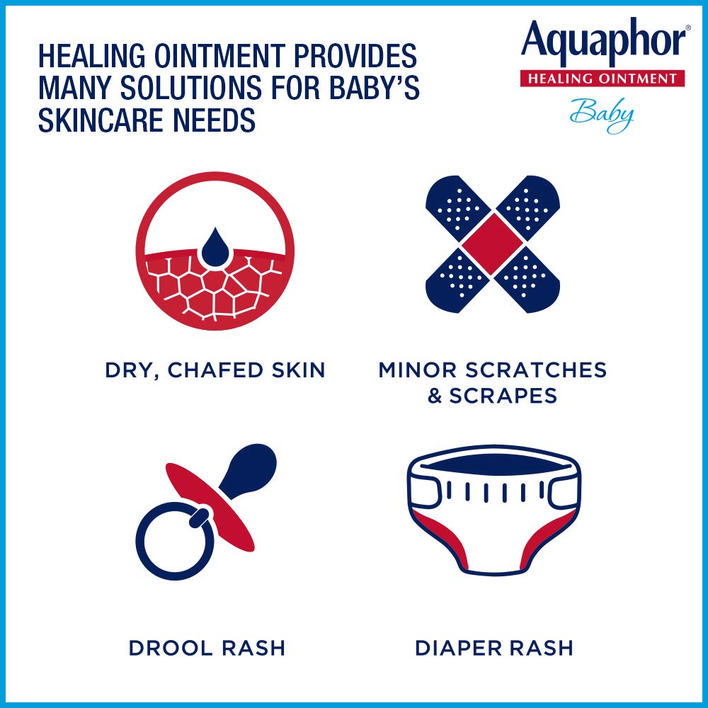 Aquaphor Baby Healing Ointment icons for dry skin, minor scratches, drool & diaper rash