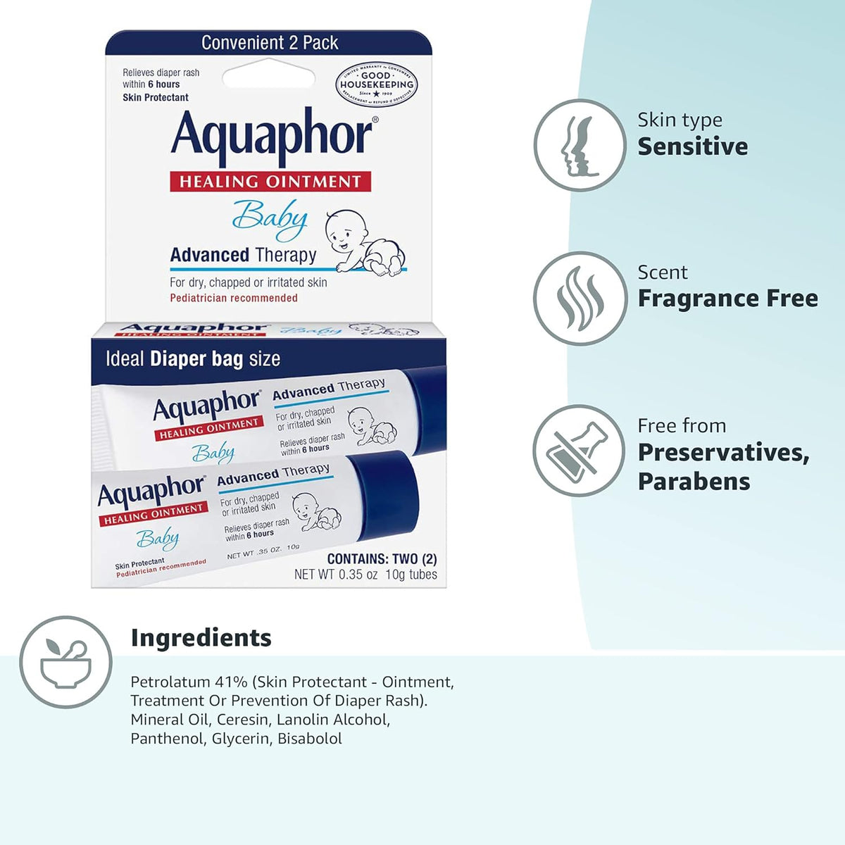 Aquaphor Baby Healing Ointment two-pack box with sensitive and fragrance-free labels