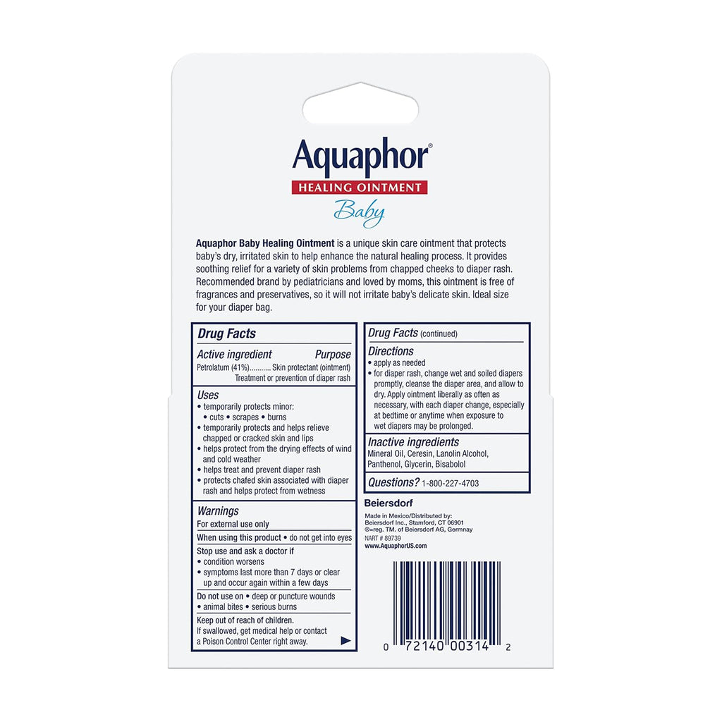 Aquaphor Baby Healing Ointment drug facts label on package back