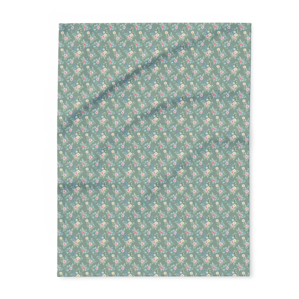 Pastel floral fleece blanket flat view, gray-green with scattered small pink flowers