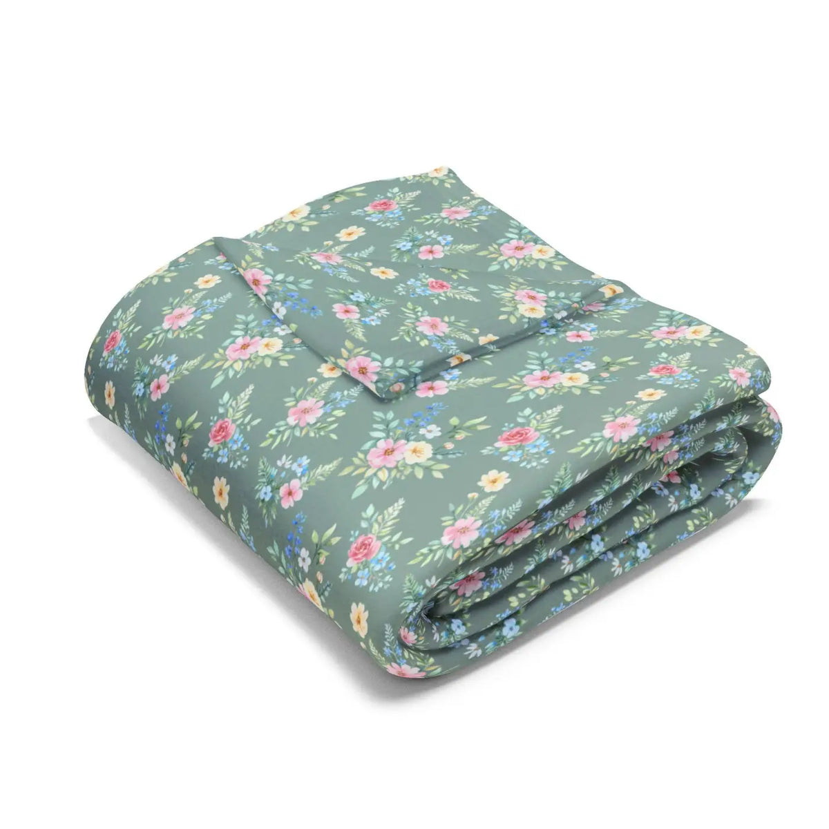 Pastel floral fleece blanket folded, muted teal-green with pink, yellow, and blue flowers