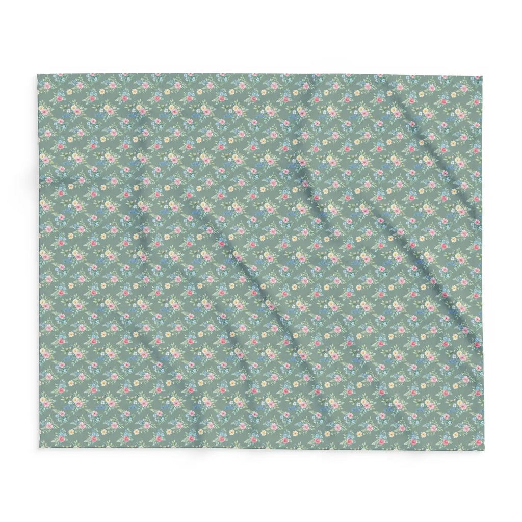 Pastel floral fleece blanket flat view, gray-green with repeating small pink flower pattern