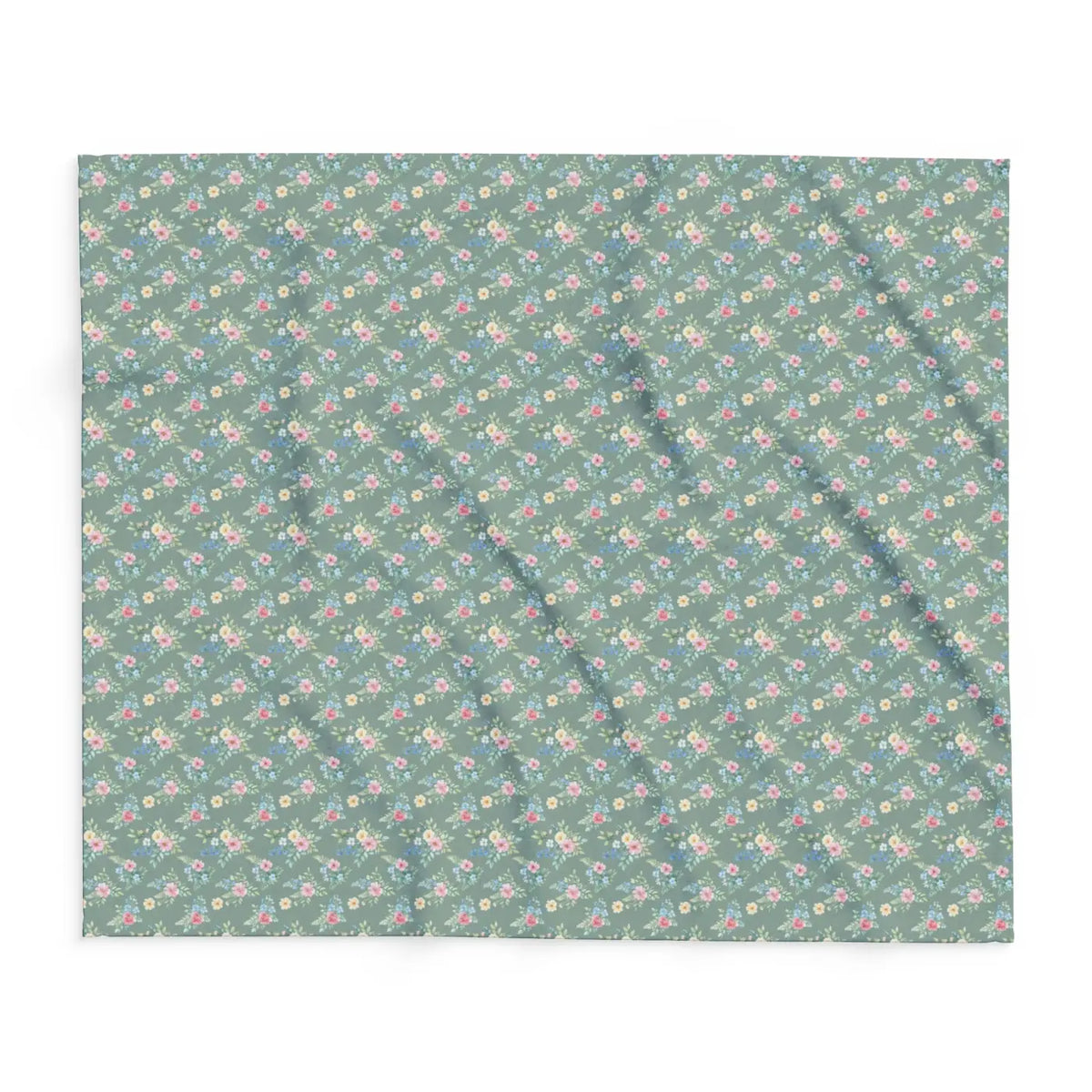 Pastel floral fleece blanket flat view, gray-green with repeating small pink flower pattern