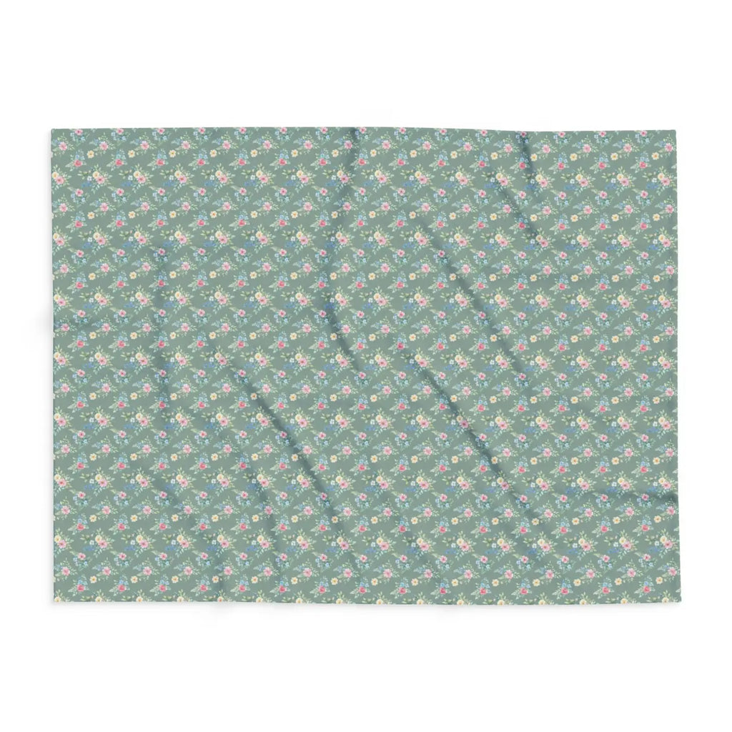 Pastel floral fleece blanket horizontal layout, gray-green base with small pink floral sprigs