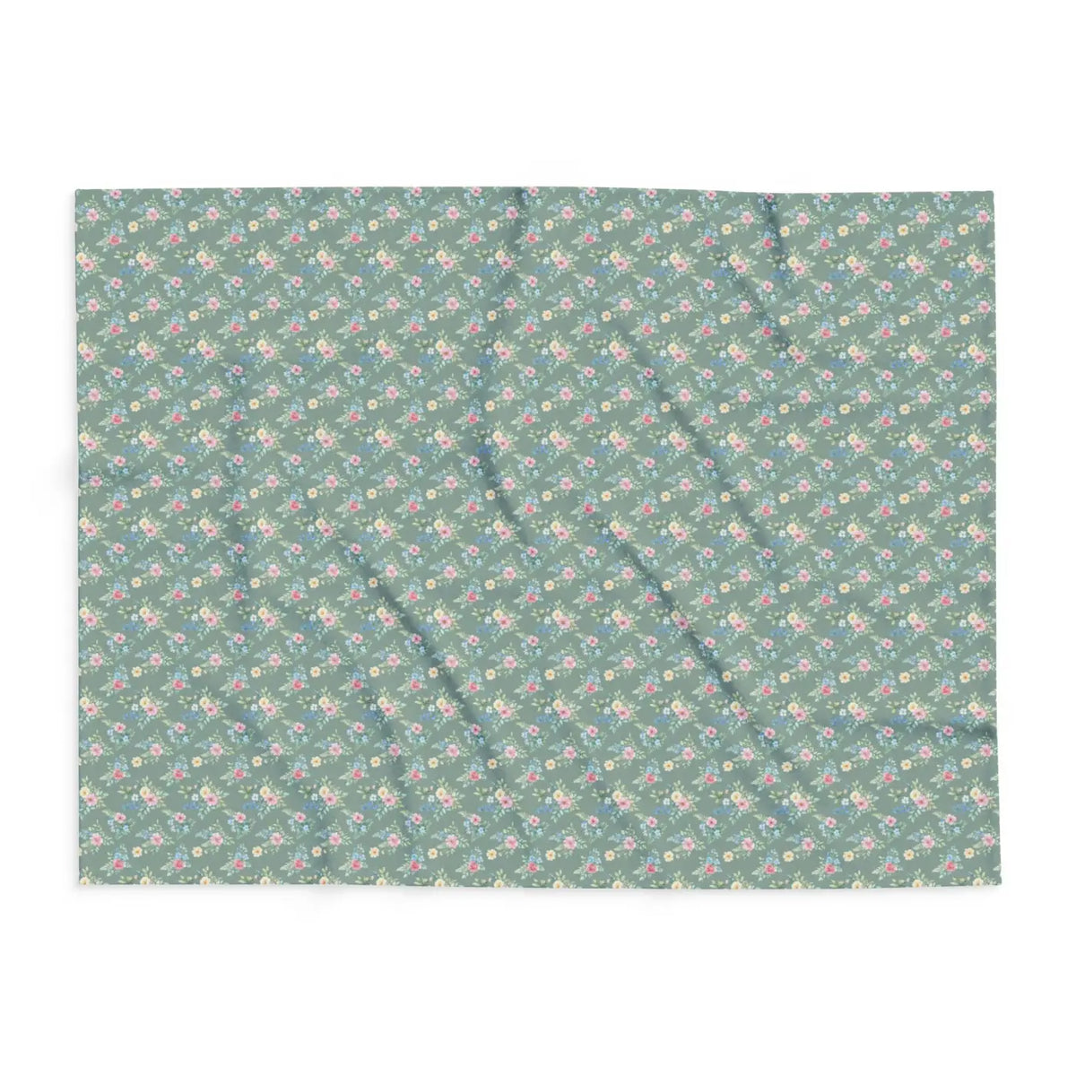Pastel floral fleece blanket horizontal layout, gray-green base with small pink floral sprigs