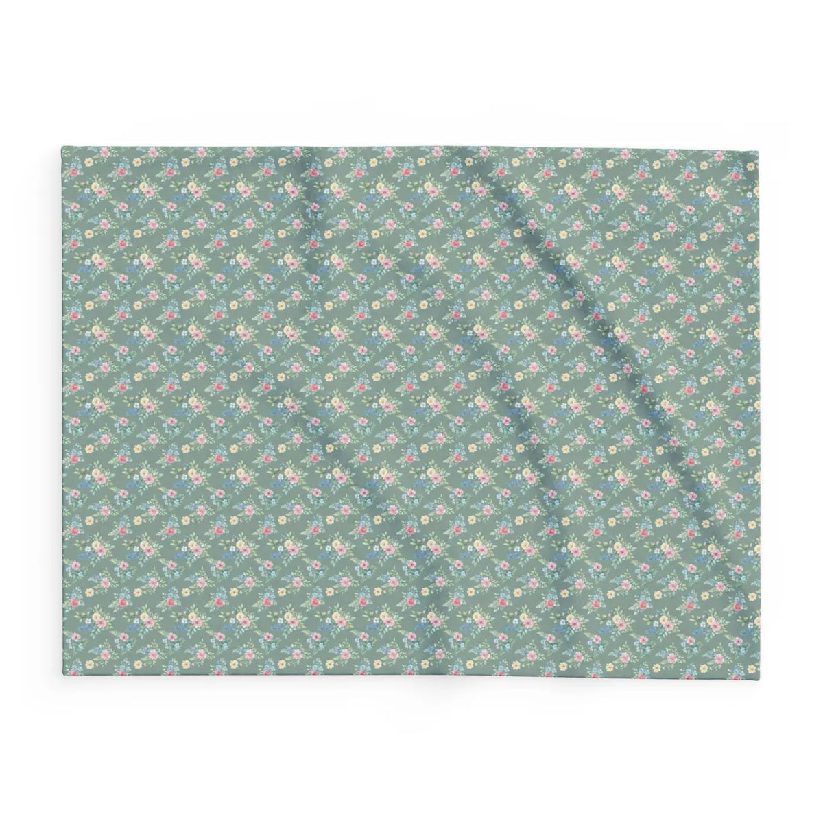Pastel floral fleece blanket flat view, gray-green fabric with small pastel blossom print