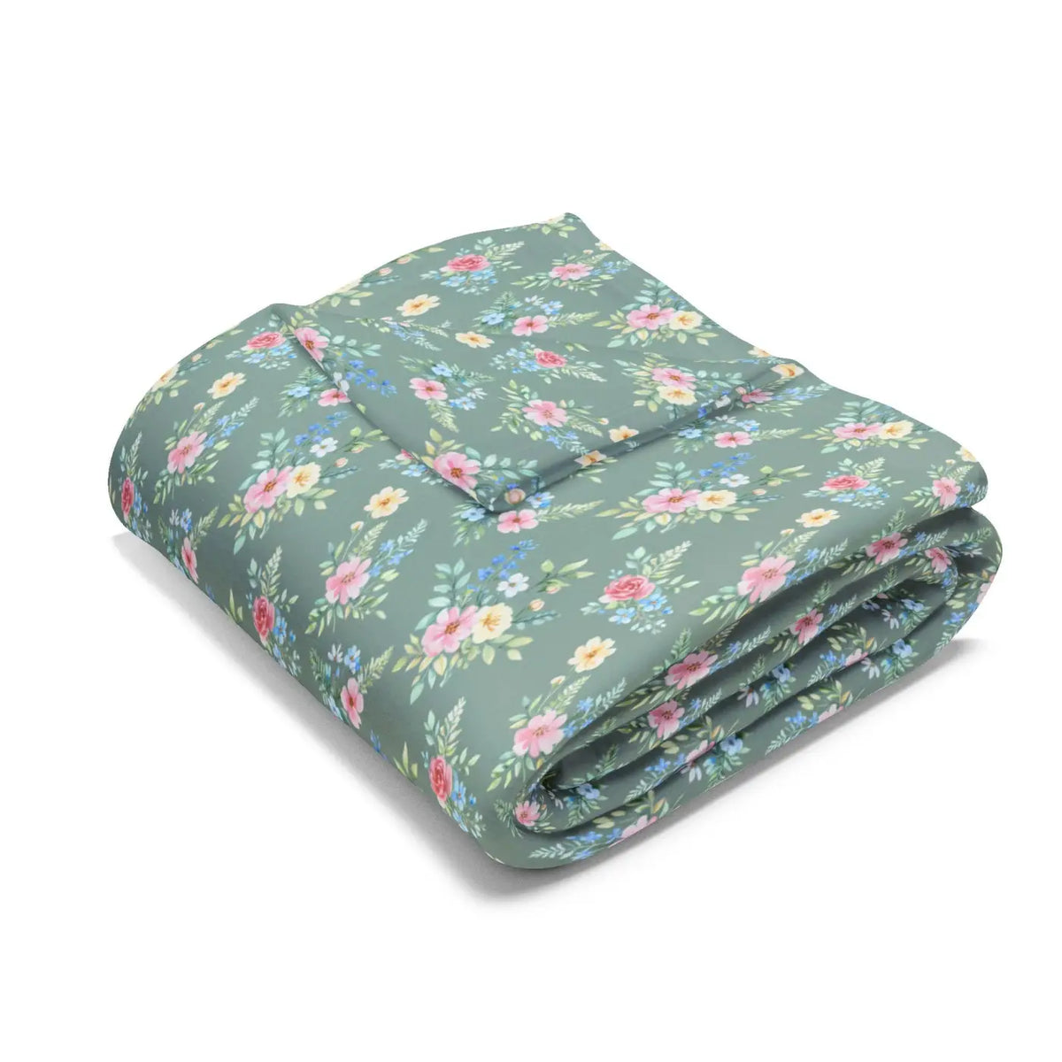 Floral pastel fleece blanket, folded: green base with pink, blue, and yellow flowers