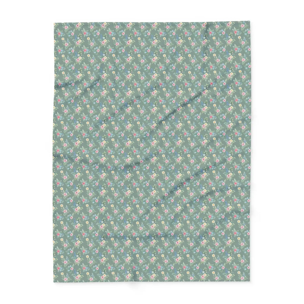 Pastel floral fleece blanket flat view, gray-green background with dense pastel flower pattern