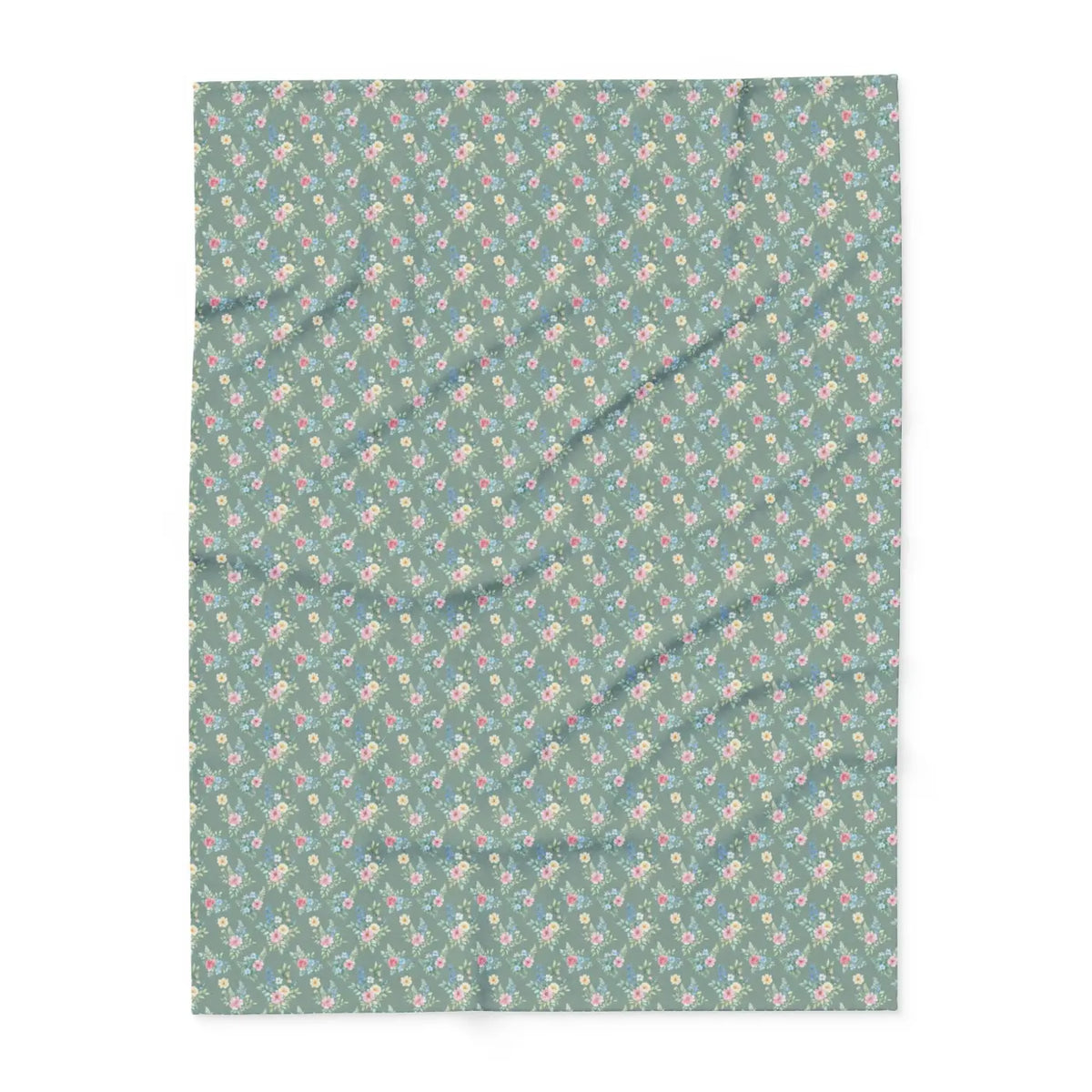 Pastel floral fleece blanket flat view, gray-green background with dense pastel flower pattern