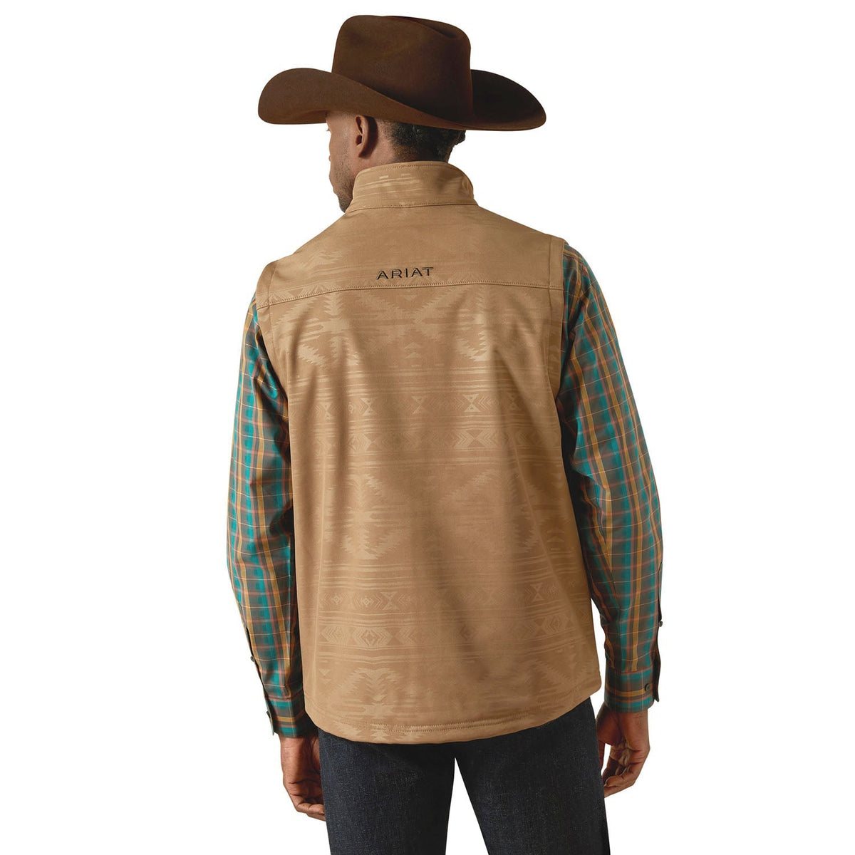 Men's khaki softshell vest back view with full-zip front and logo