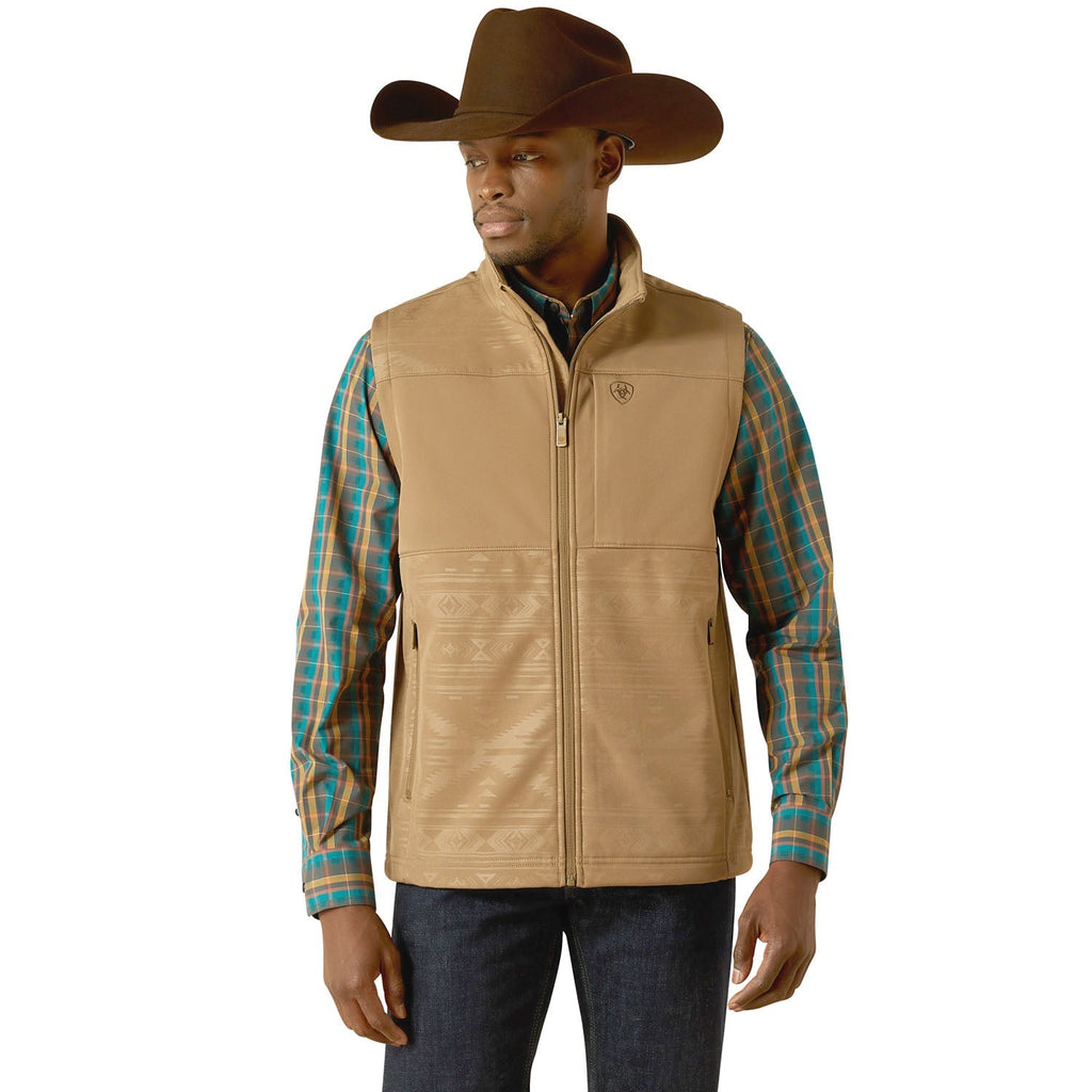 Men's khaki softshell vest with full-zip front and stand collar