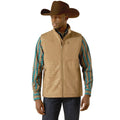 Men's khaki softshell vest with full-zip front and stand collar