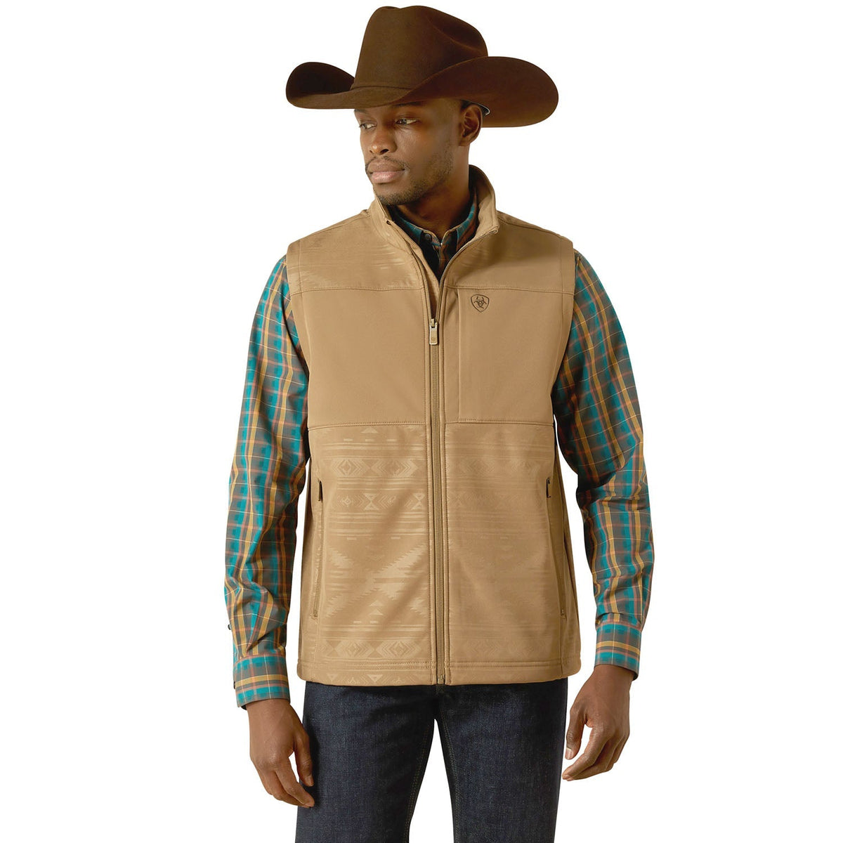Men's khaki softshell vest with full-zip front and stand collar