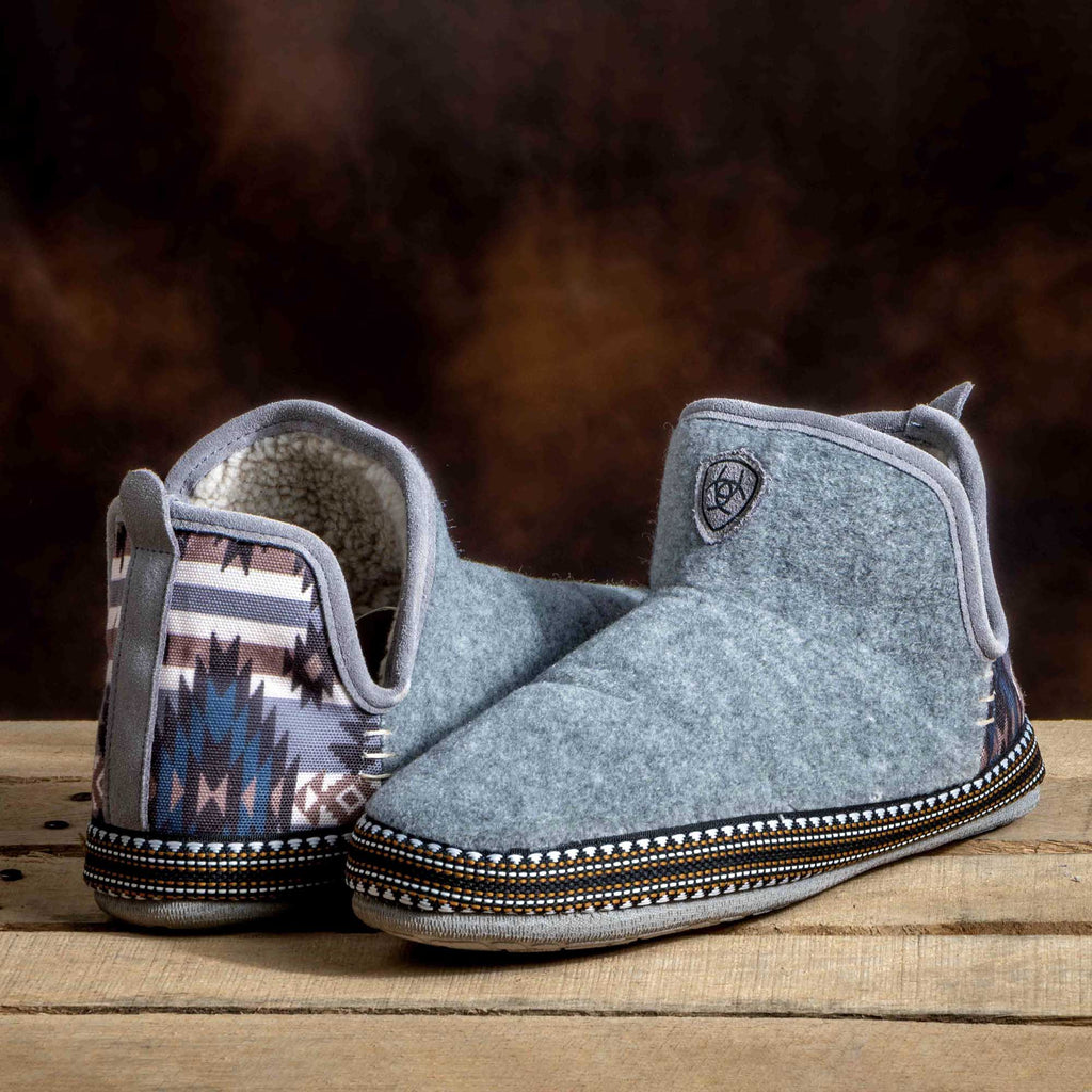 Denim wool-blend bootie slippers showing patterned inner lining and beaded trim