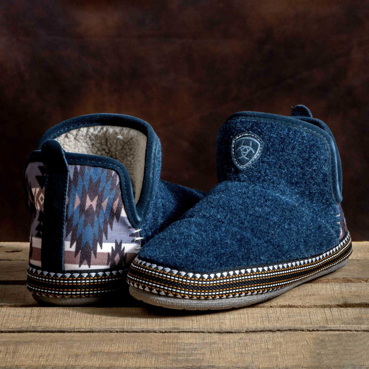 Denim wool-blend bootie slippers with open collar and Southwestern patterned lining