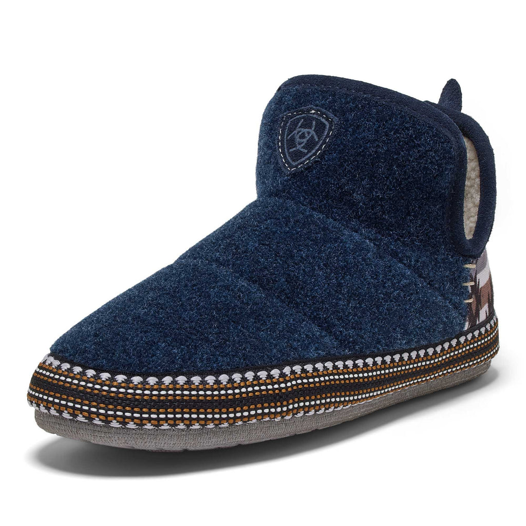 Navy wool-blend bootie slippers with side logo patch and multicolor beaded trim