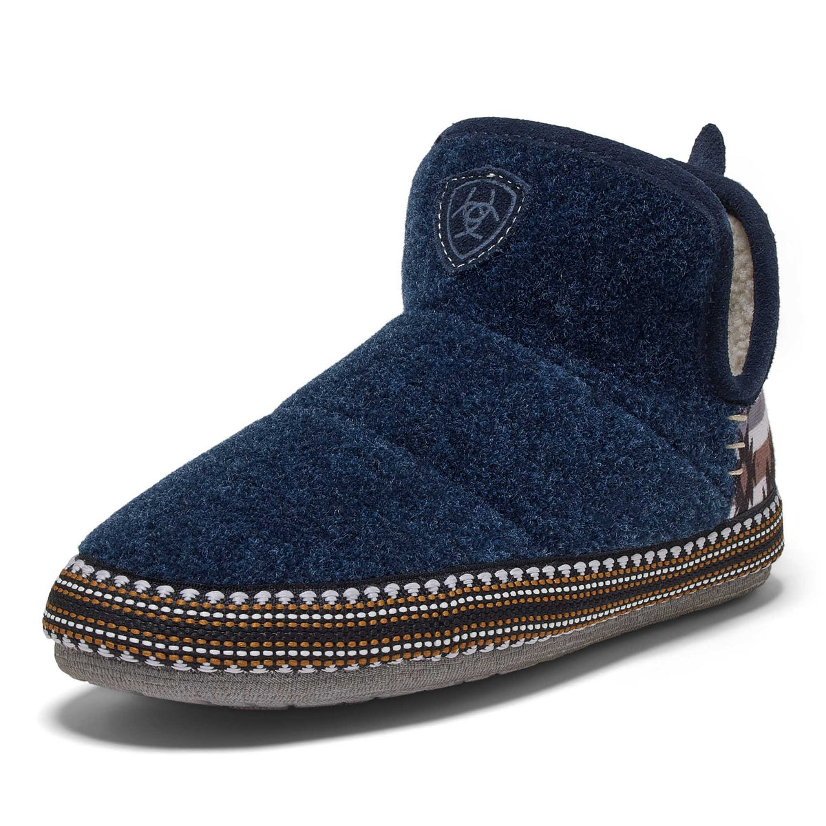 Navy wool-blend bootie slippers with side logo patch and multicolor beaded trim