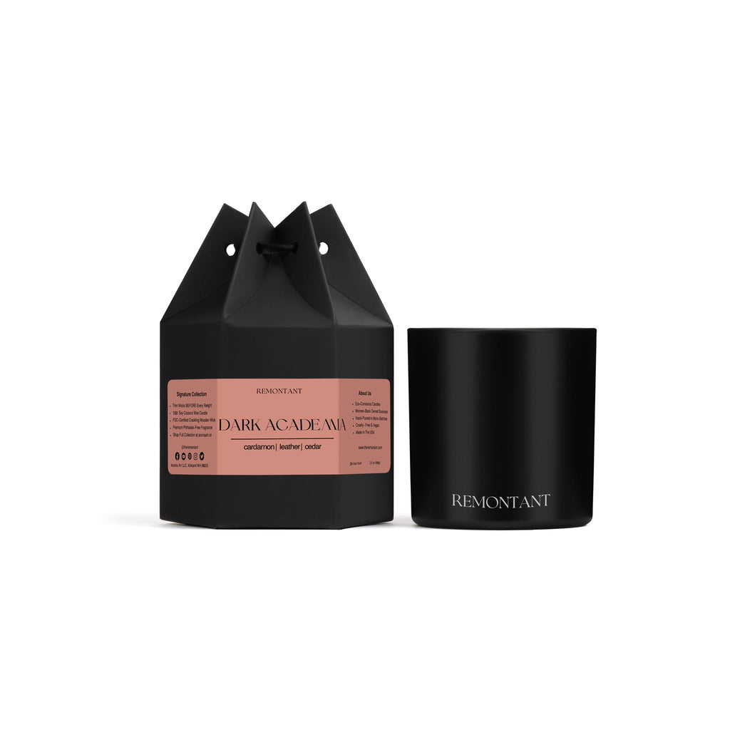 Dark Academia candle packaging with black candle jar, flame not shown