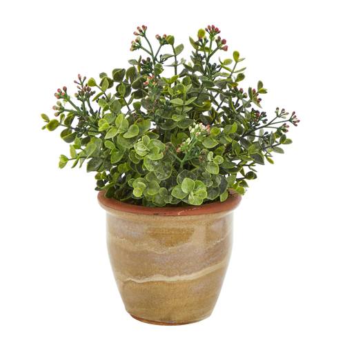 Artificial succulent plant in textured ceramic planter with green eucalyptus-like leaves