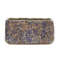 Rectangular ceramic planter with blue floral speckled glaze and rounded rim