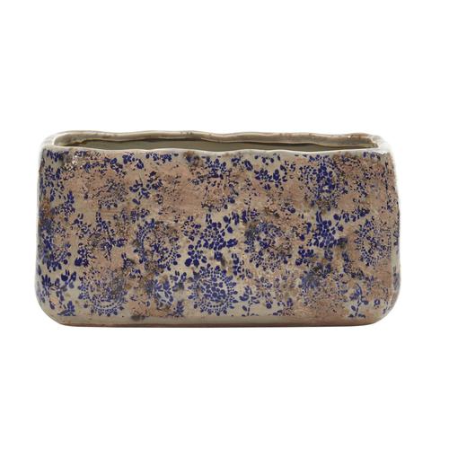 Rectangular ceramic planter with blue floral speckled glaze and rounded rim
