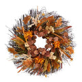 Artificial fall wreath with orange dahlia flowers, berries, and pine accents, 22-inch