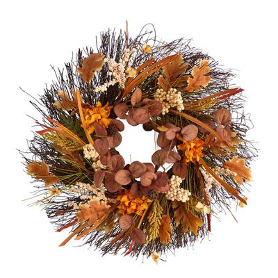 Artificial fall wreath with orange dahlia flowers, berries, and pine accents, 22-inch