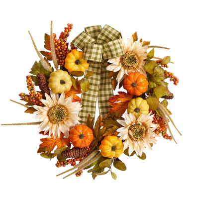 Artificial autumn wreath with plaid ribbon, sunflowers, pumpkins, and fall foliage