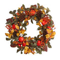 Artificial autumn fall wreath with pinecones, red berries, and orange leaf accents