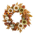 Autumn fall wreath with white daisies, sunflowers, pumpkins, and berry accents
