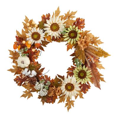 Autumn fall wreath with white daisies, sunflowers, pumpkins, and berry accents