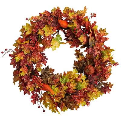 Artificial autumn wreath with oak leaves, berries, and small pumpkin accents
