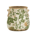 6.5 in Tuscan ceramic planter, green scroll botanical pattern, twin side handles