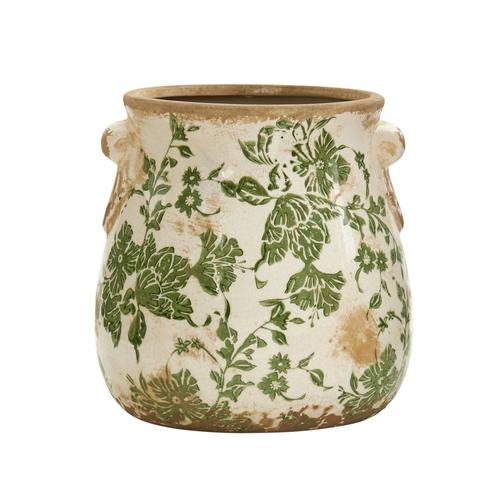 6.5 in Tuscan ceramic planter, green scroll botanical pattern, twin side handles