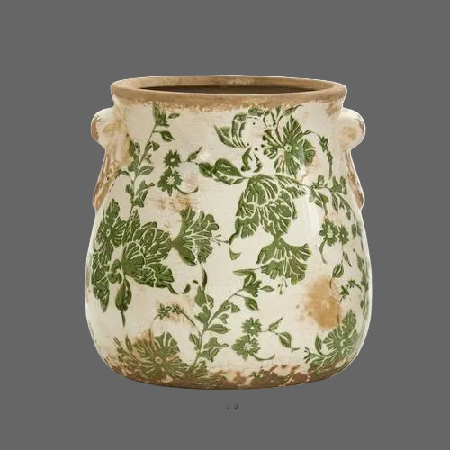 Cream Tuscan ceramic planter with green scroll floral leaves and wide rim, side handles