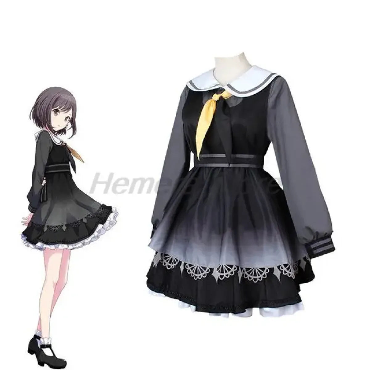 Black long-sleeve cosplay dress with yellow bow tie and lace-trimmed skirt hem