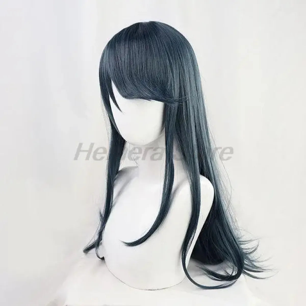 Long dark blue cosplay wig with center part, smooth straight style and side bangs