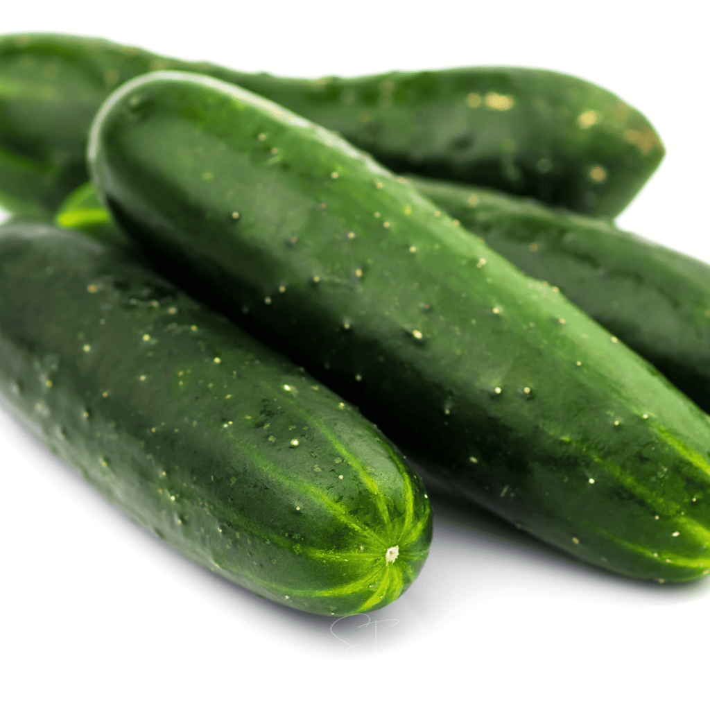 Cucumber seeds packet: close-up of smooth green cucumbers with small bumps