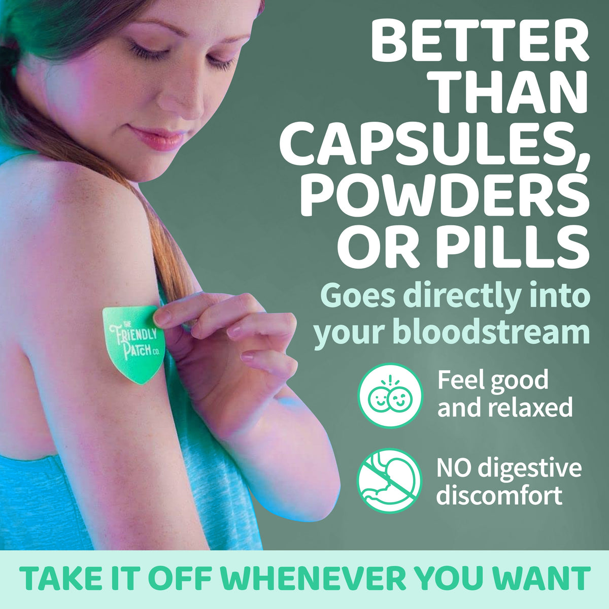Woman holding a Zen stress patch; comfort benefits icons shown