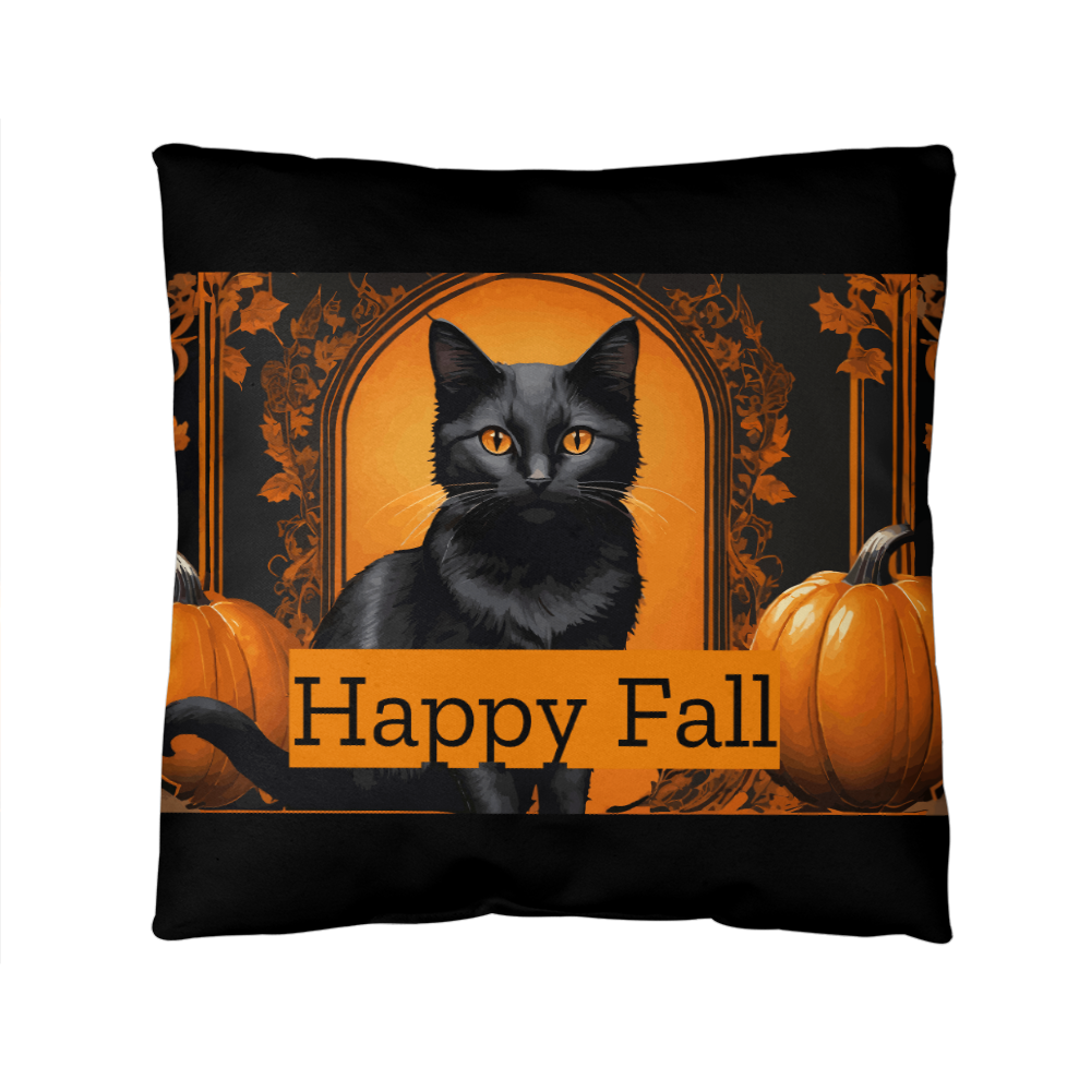 Decorative black cat and orange “Happy Fall” pumpkin stuffed throw pillow